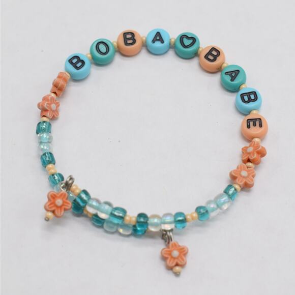 Handmade "Boba Babe" bubble tea memory wire bracelet blue/teal/peach Kawaii gift - Picture 3 of 3